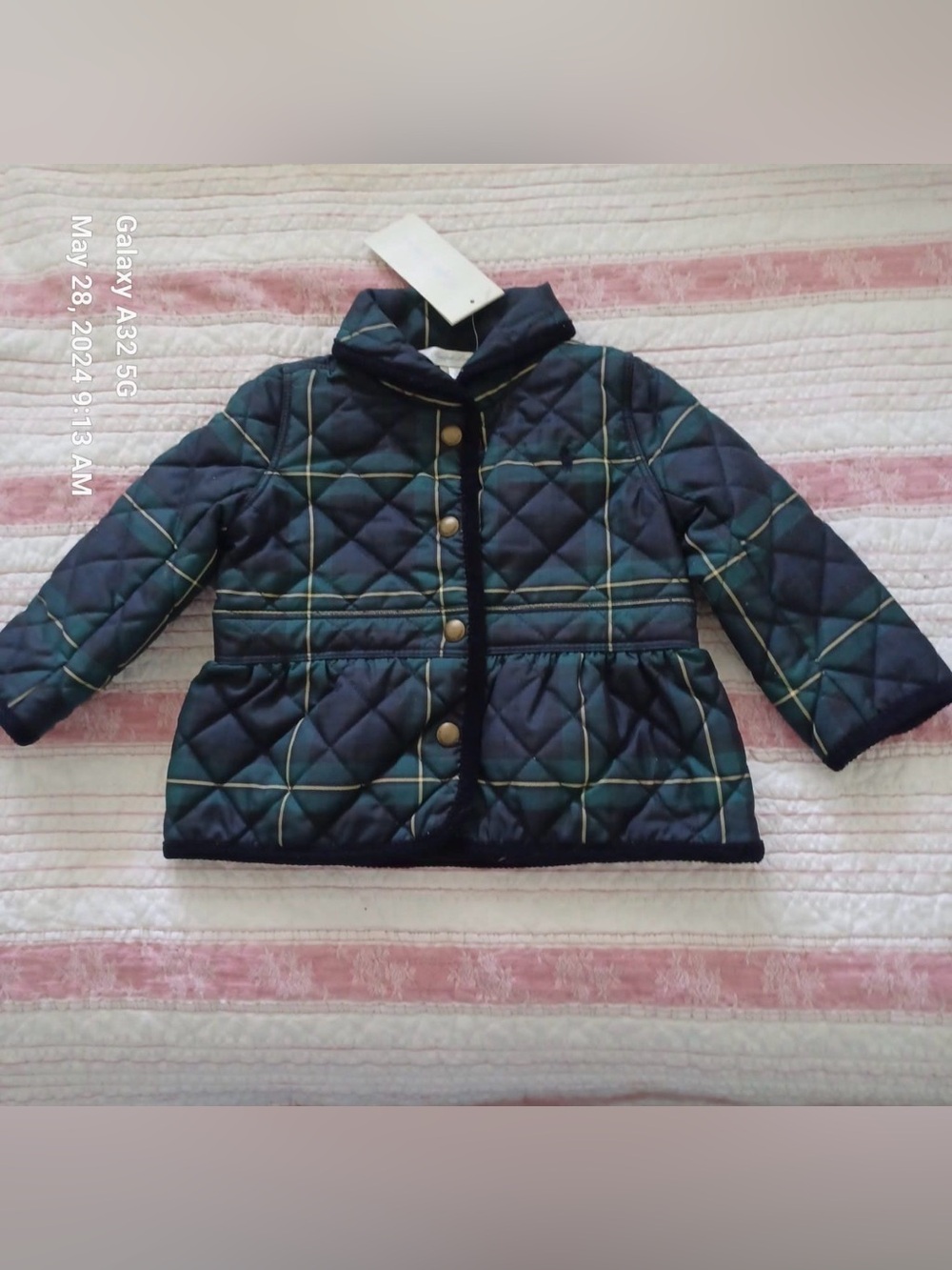 Classic Girls' Quilted Jacket in Navy and Green Plaid Ralph Lauren
